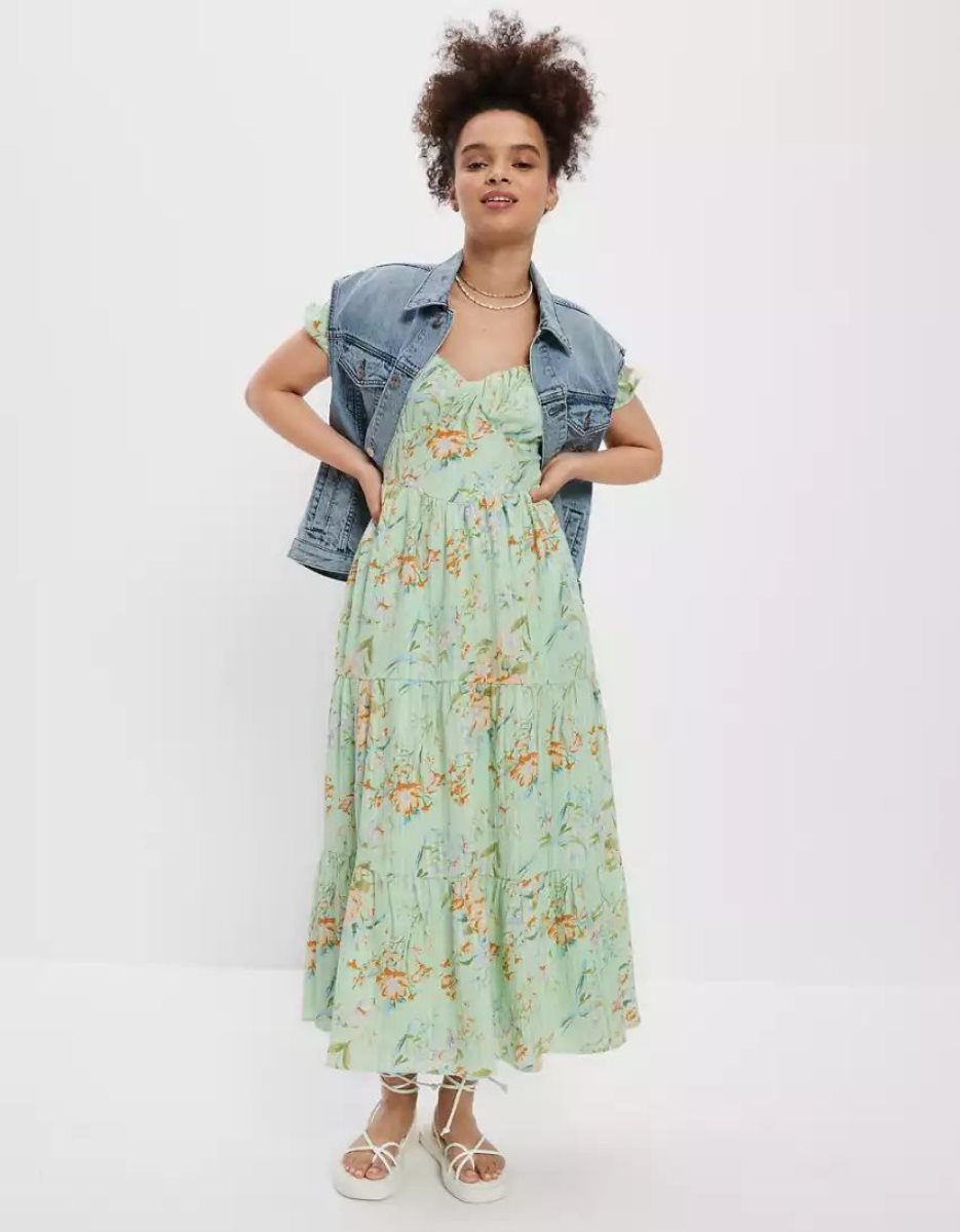 Robe Mi-longue American Eagle AE Floral Open Back Corset Vert Femme | ZJN-78519547